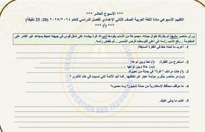 مراجعات نهائية.. أسئلة تقييم الأسبوع العاشر لغة عربية لـ الصف الثاني الإعدادي