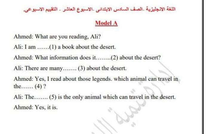 مراجعات نهائية.. أسئلة تقييم الاسبوع الـ 11 في اللغة الإنجليزية الصف السادس الابتدائي