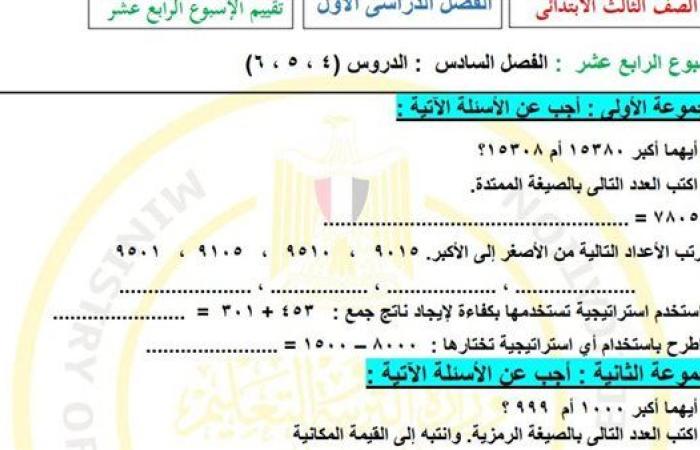 مراجعات نهائية.. لطلاب الصف الثالث الابتدائي.. أسئلة تقييم الاسبوع الـ 14 في الرياضيات