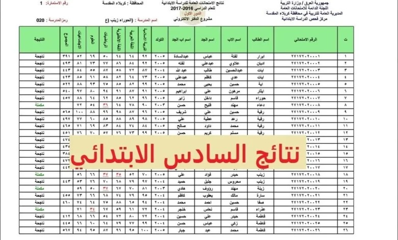 ظهور رابط نتائج امتحانات الصف السادس ابتدائي 2024 بجميع المحافظات pdf عبر موقع نتائجنا العراق