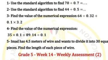 مراجعات نهائية.. أسئلة تقييم الاسبوع الـ 14 في الرياضيات لغات لـ الصف الخامس الابتدائي