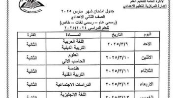 جدول امتحانات شهر مارس 2025 لسنوات النقل