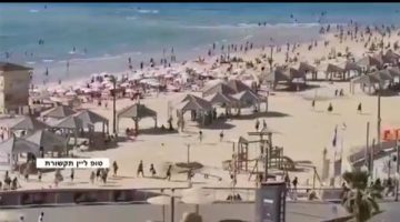 لحظة فرار مئات الإسرائيليين في شاطئ بتل أبيب من صاروخ اليمن