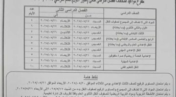 جدول امتحانات الصف الثالث الابتدائي الفصل الدراسي الثاني 2025 محافظة القاهرة‏